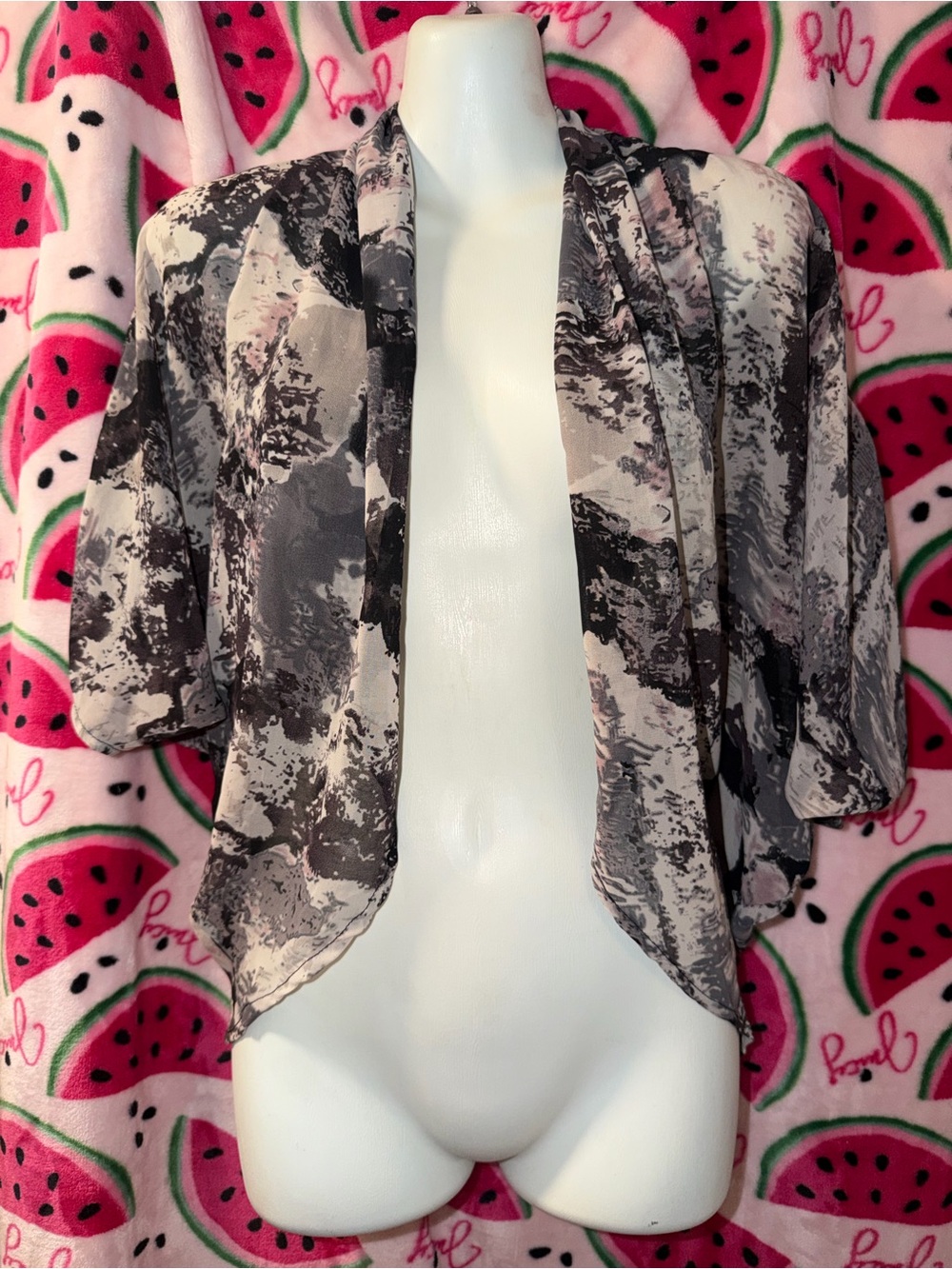 🖤🩶 Open-Front Sheer Short Sleeve Shrug Abstract Print